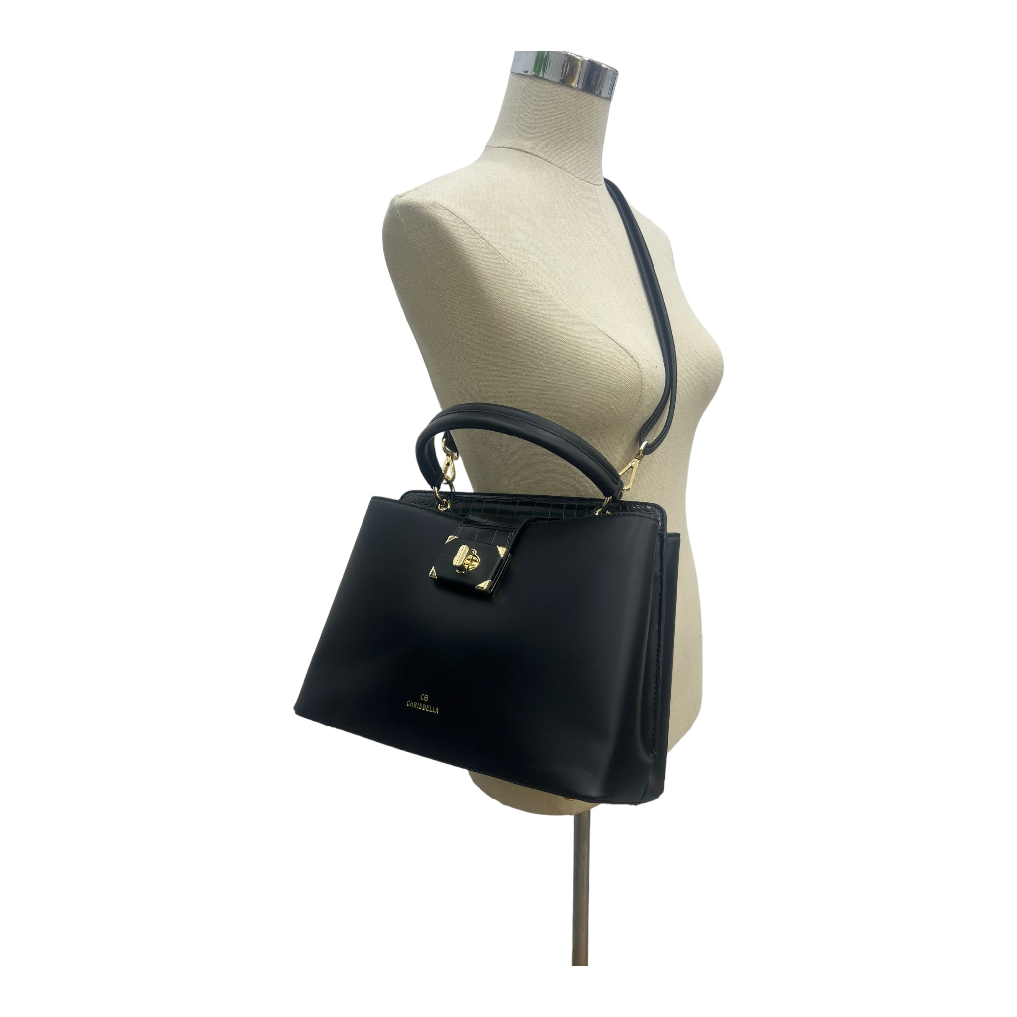 CHRISBELLA GOLD-TONE TOP HANDLE BAG IN BLACK