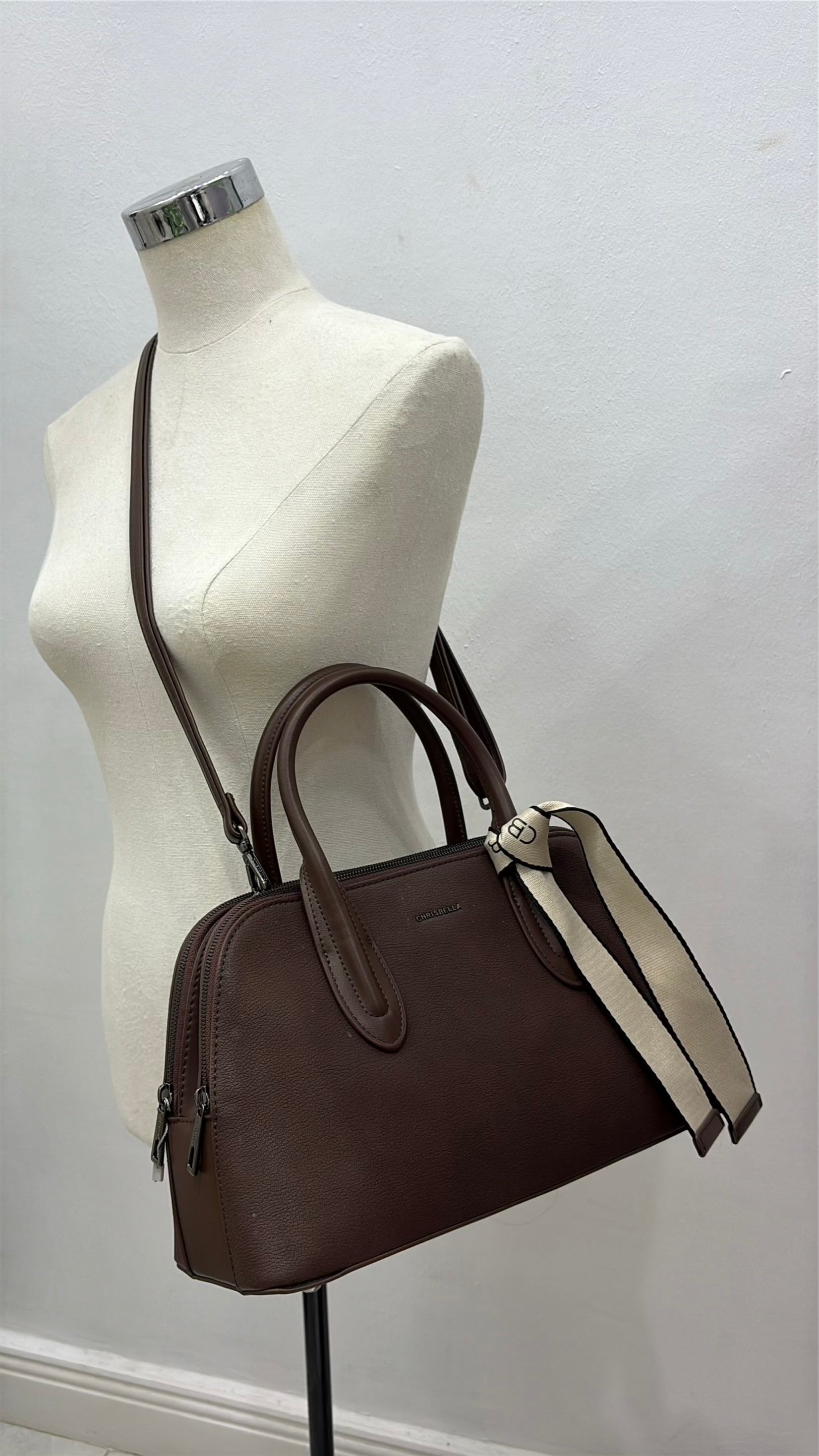 Chrisbella Double Comparment Matte Leather Bag in Dark Coffee