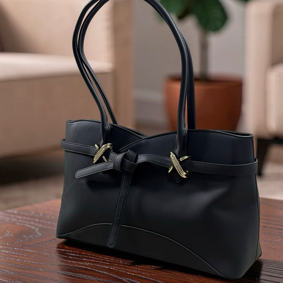 Chrisbella Landscape-Design Belt-Detail Bag in Black