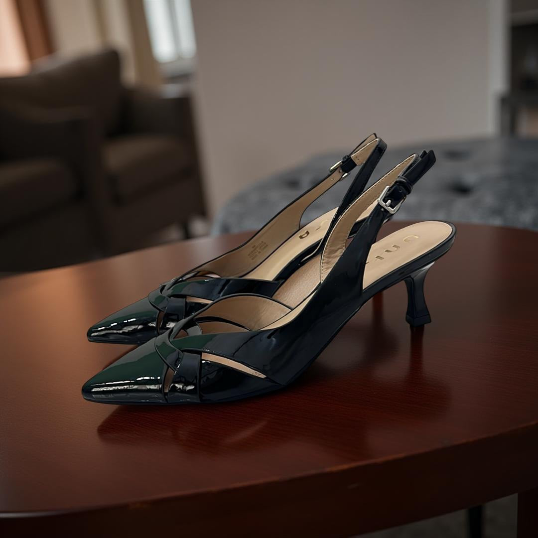 Unisa Patent Leather Pointed Toe Slingback Kitten Heels in Black