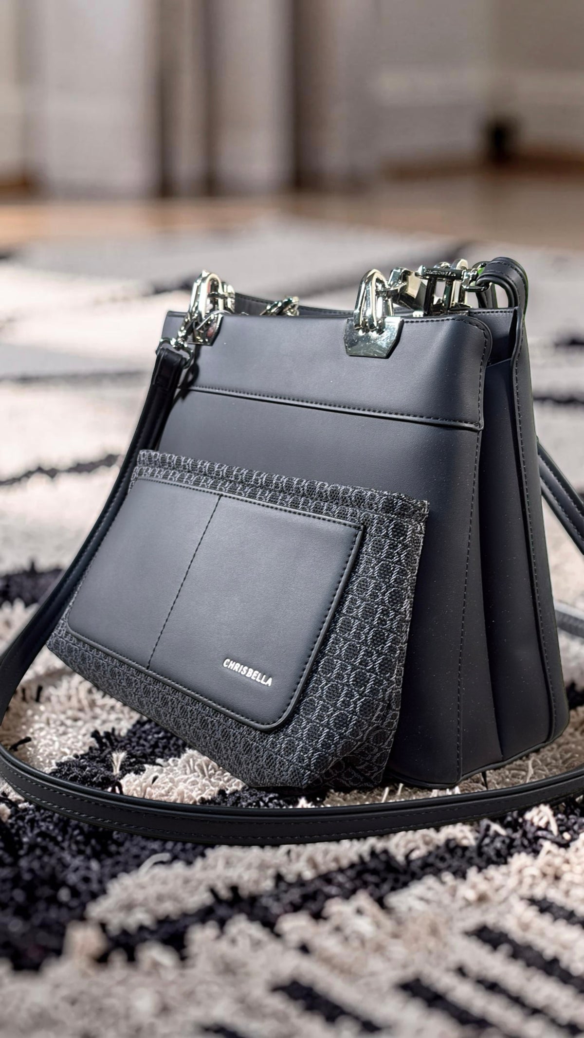Chrisbella Metal Detail Double Handle 2-in-1 Bag in Black