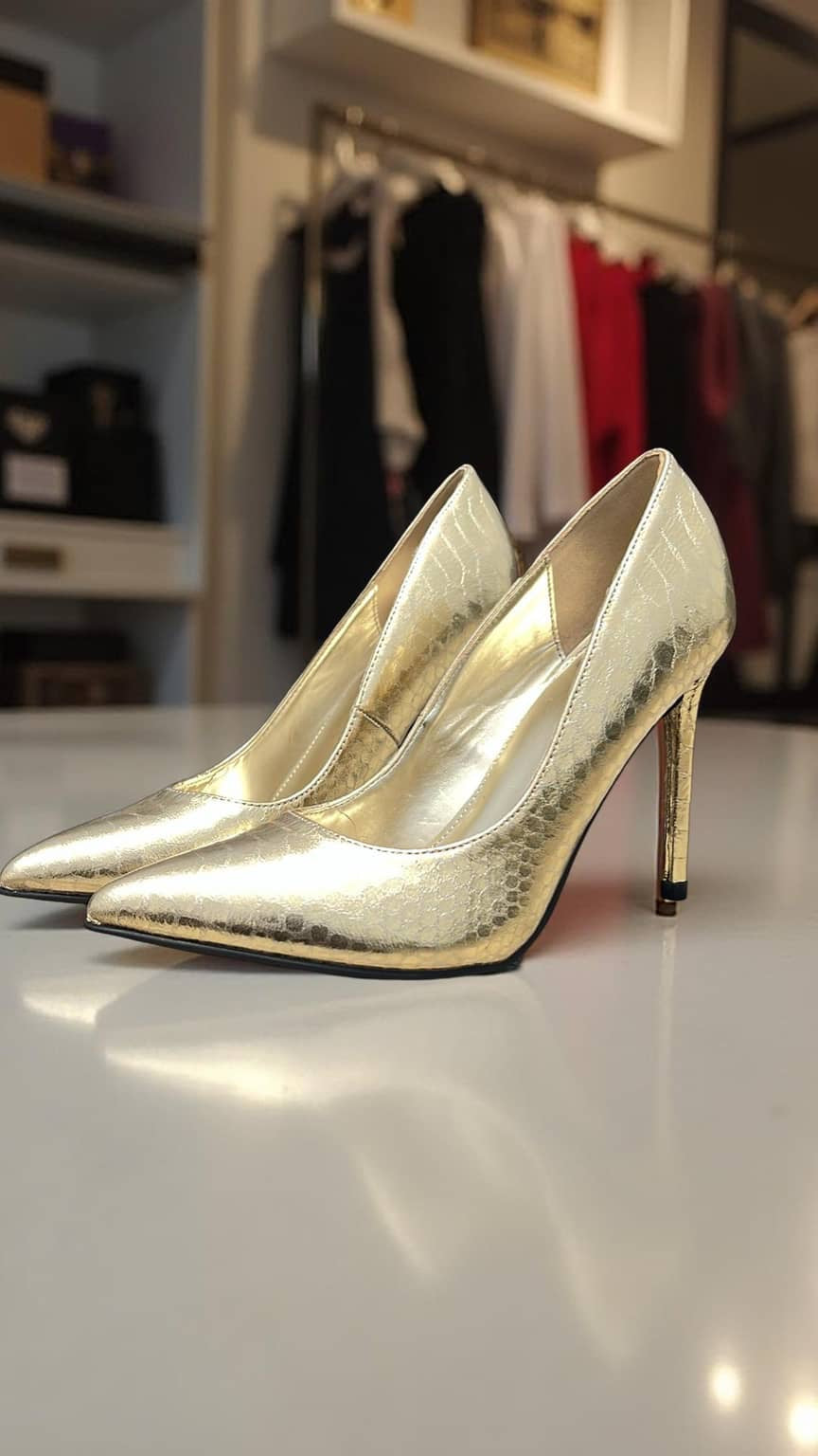 Guess Textured Metallic Pointed Toe Pump in Gold