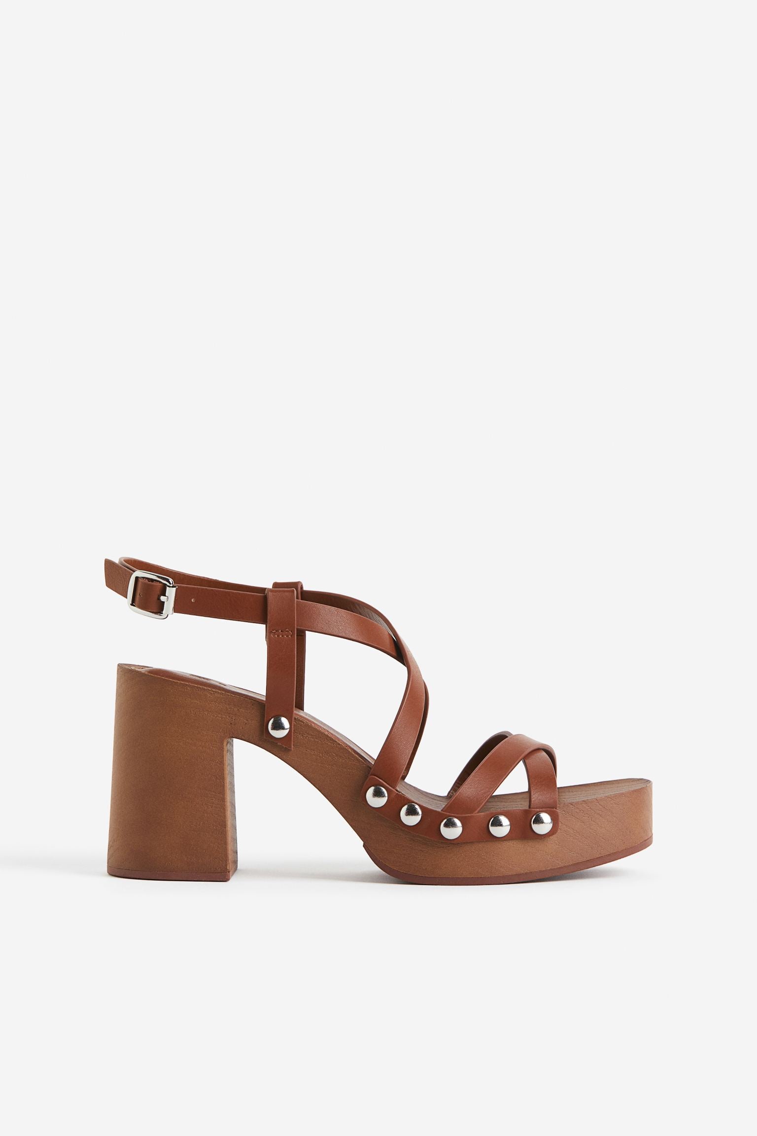 H & M BROWN LEATHER STUD-DETAIL BLOCK HEEL SANDAL