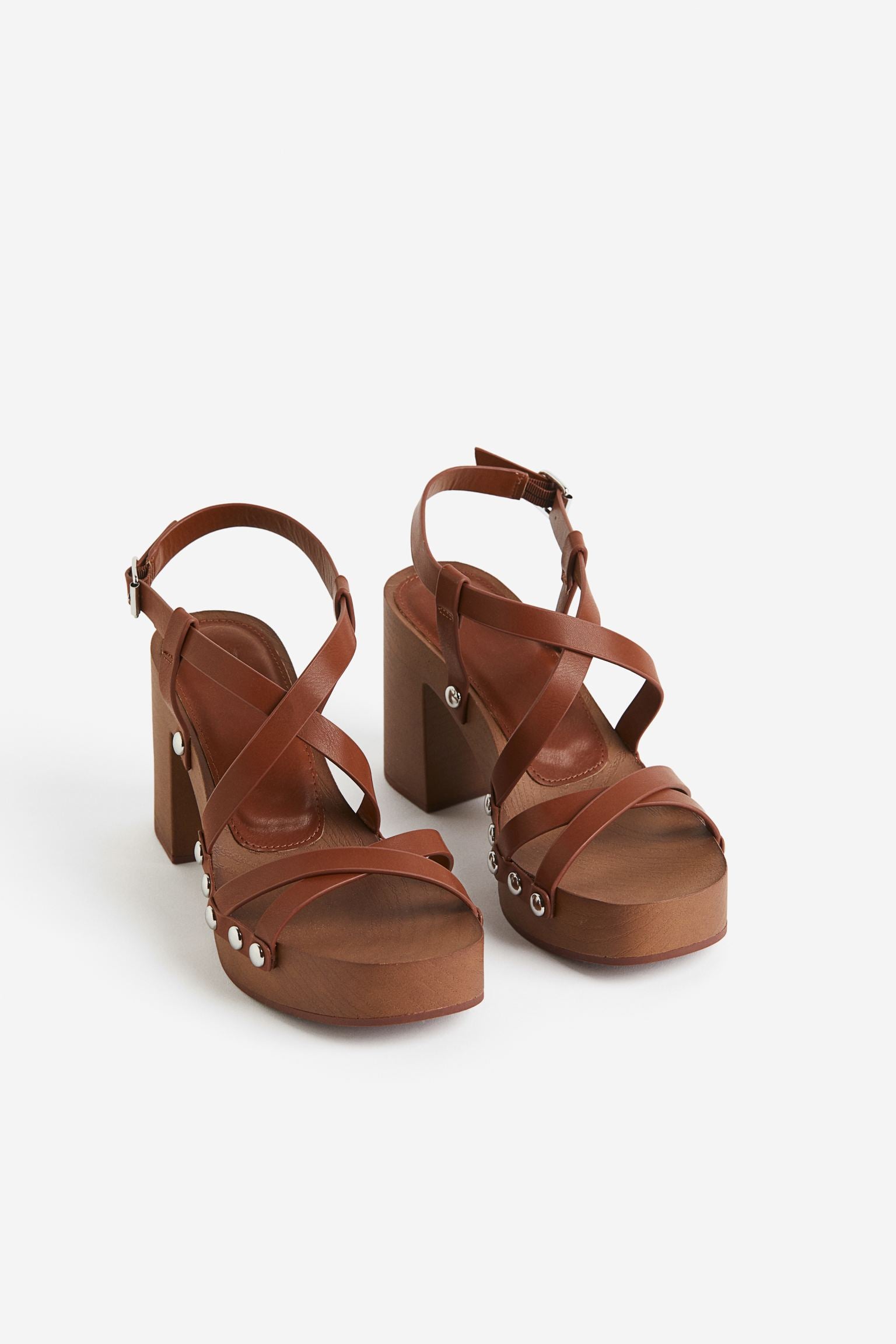 H & M BROWN LEATHER STUD-DETAIL BLOCK HEEL SANDAL
