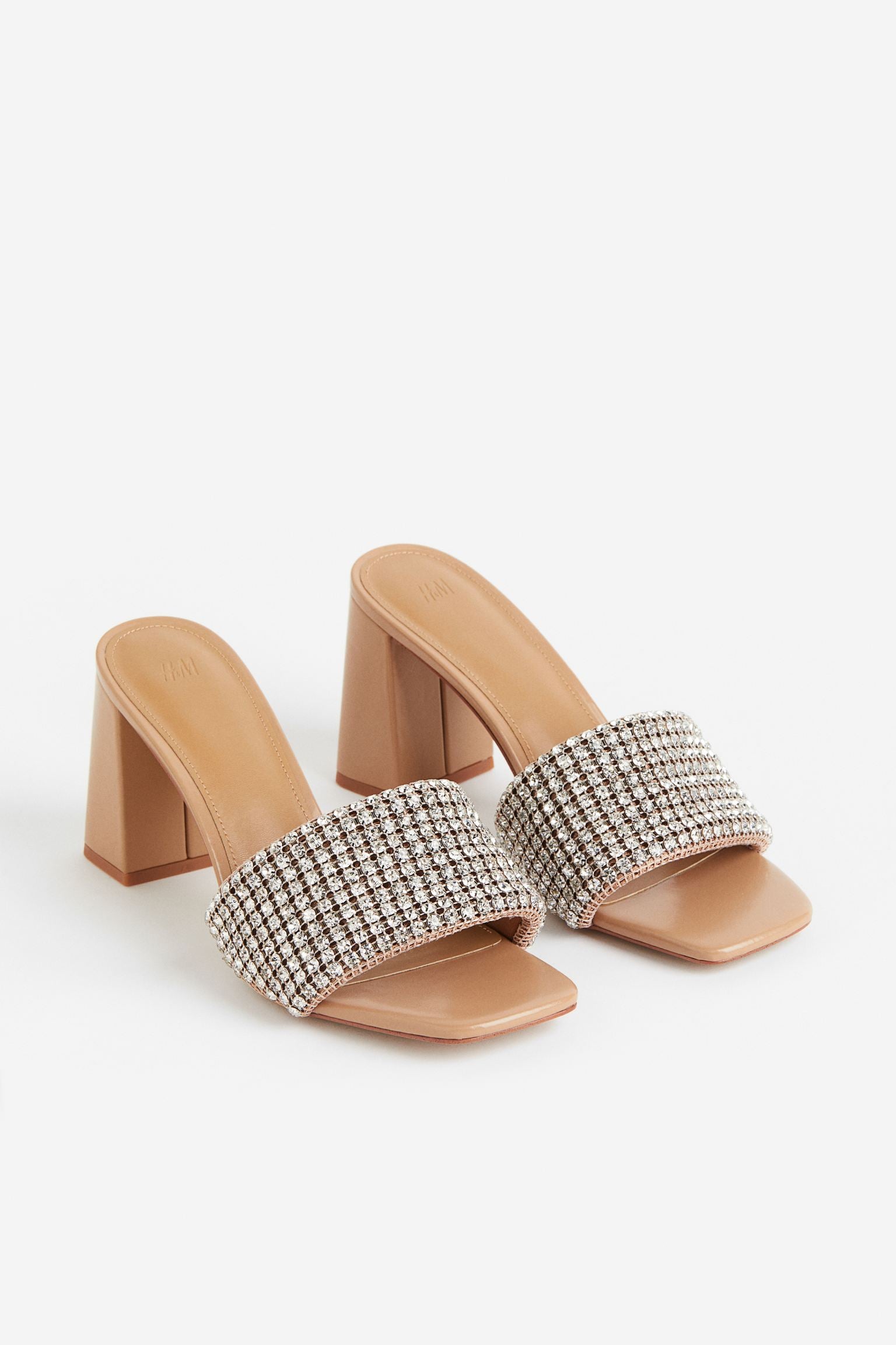 H & M NUDE RHINESTONE BLOCK HEEL MULE