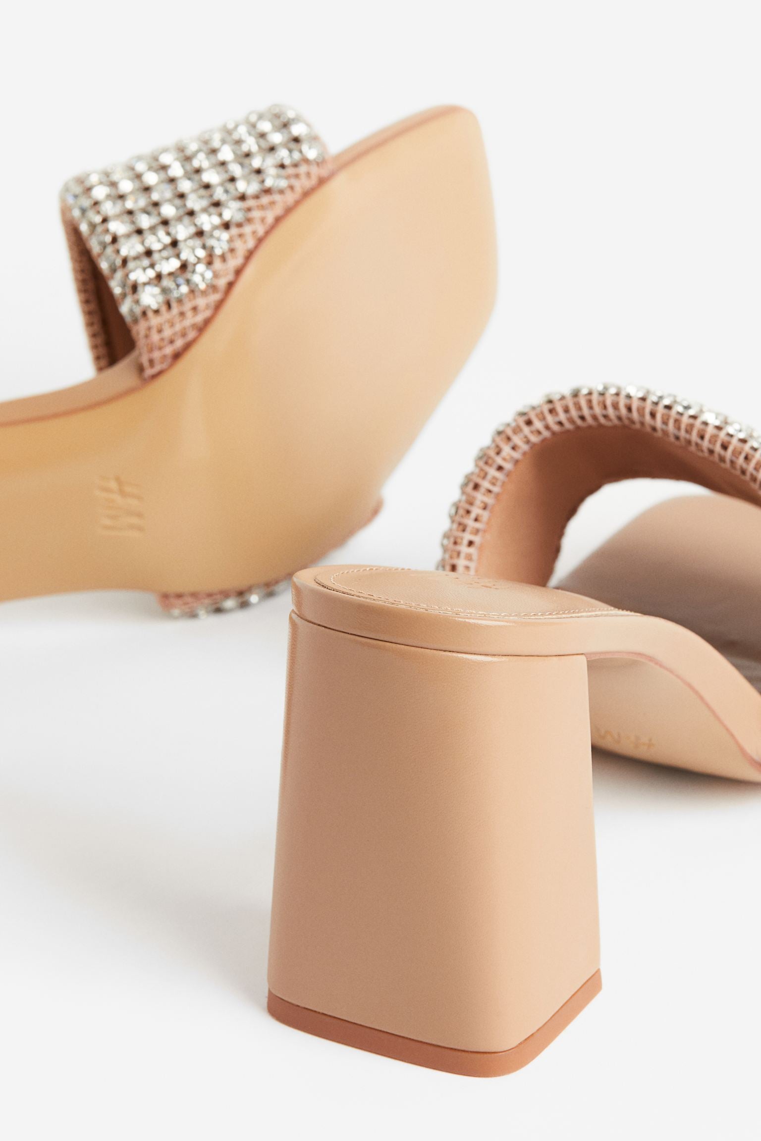 H & M NUDE RHINESTONE BLOCK HEEL MULE