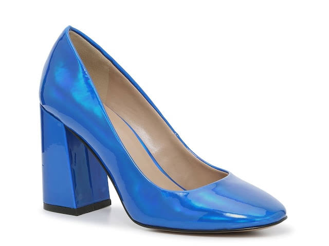 MIX NO 6 COBALT BLUE PATENT ALMOND TOE BLOCK HEEL PUMP