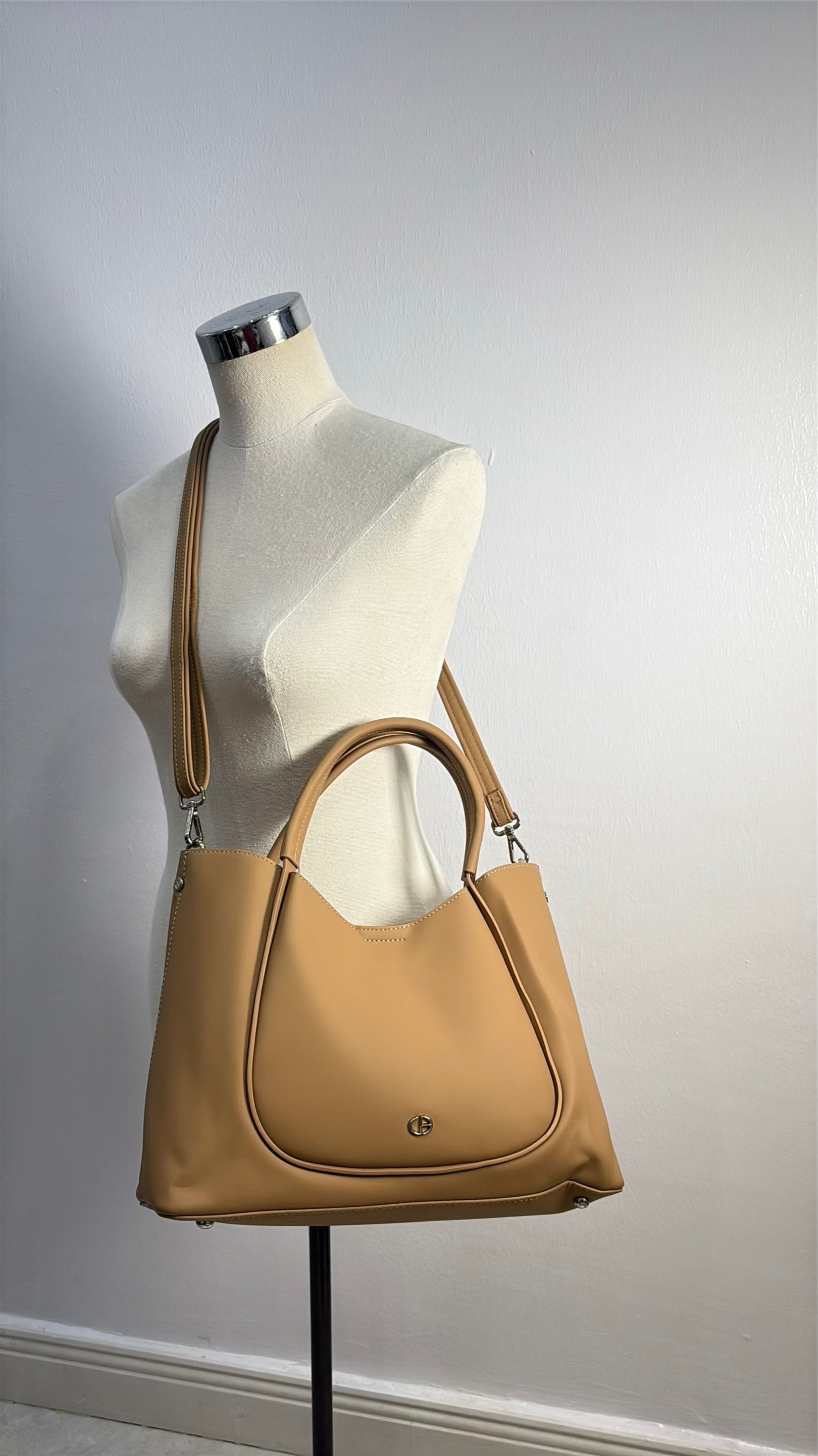 Chrisbella Double Handle Nubuck Leather Bag in Beige