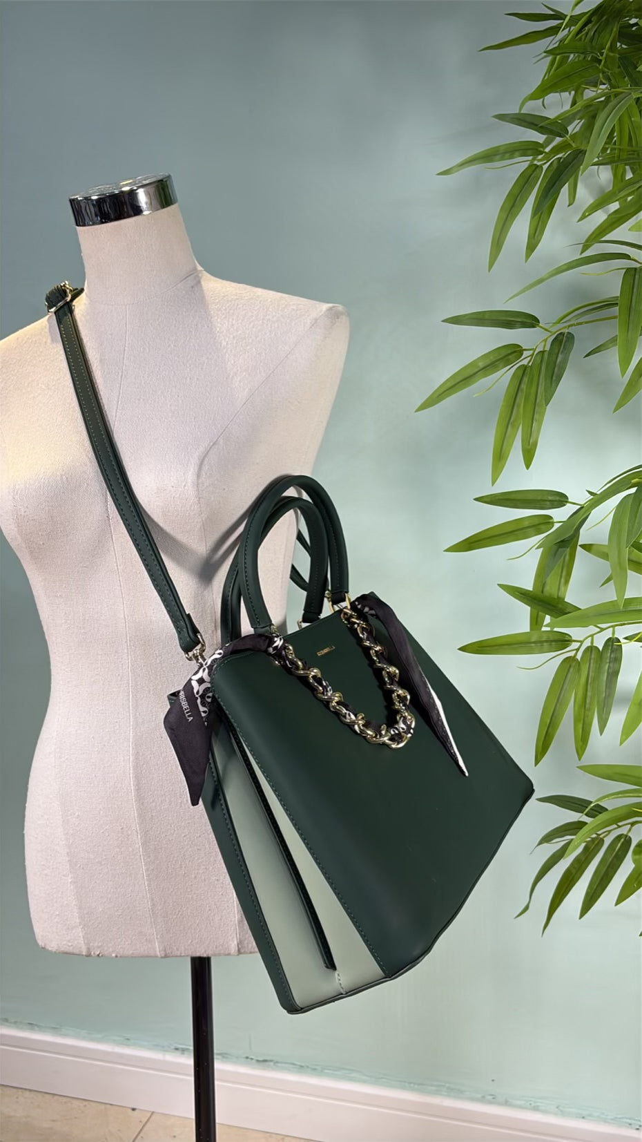 Chrisbella Scarf Detail 2-in-1 Two-Tone Bag in Green