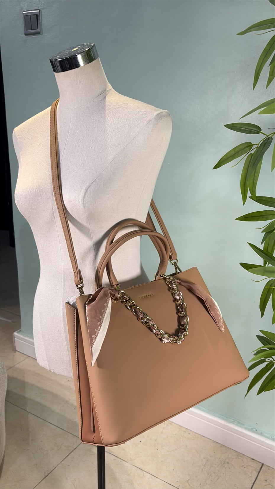 Chrisbella Scarf Detail 2-in-1 Tow-Tone Bag in Beige