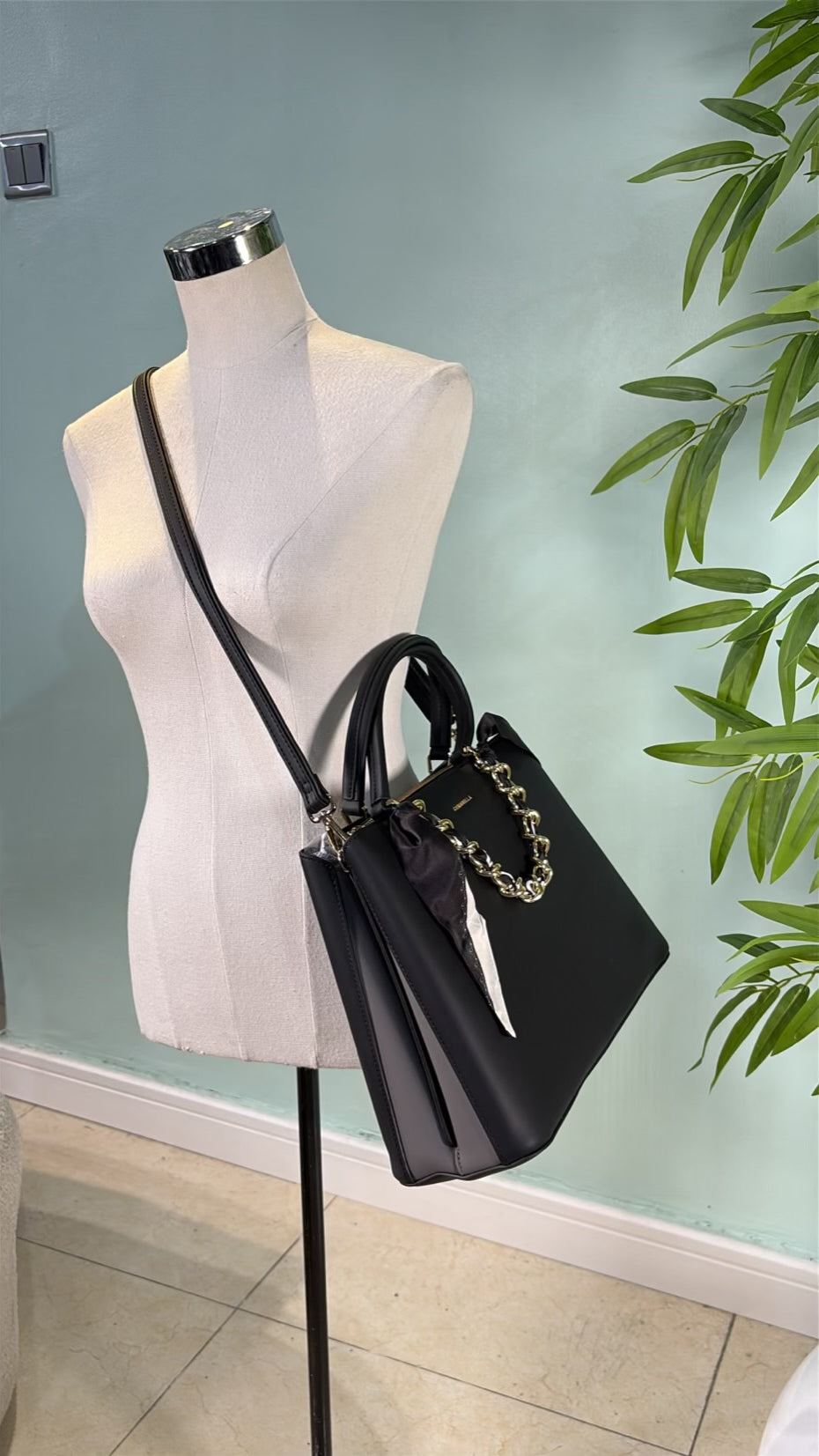 Chrisbella Scarf Detail 2-in-1 Two-Tone Bag in Black