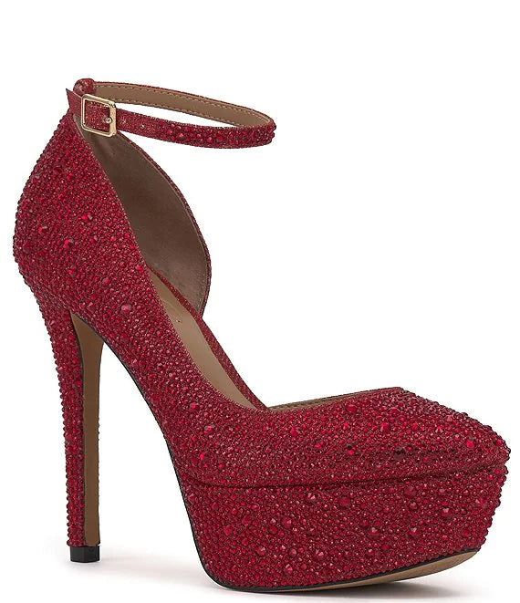 JESSICA SIMPSON RED EMBELLISHED D'ORSAY PLATFORM HEELS