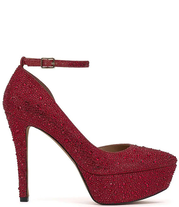JESSICA SIMPSON RED EMBELLISHED D'ORSAY PLATFORM HEELS
