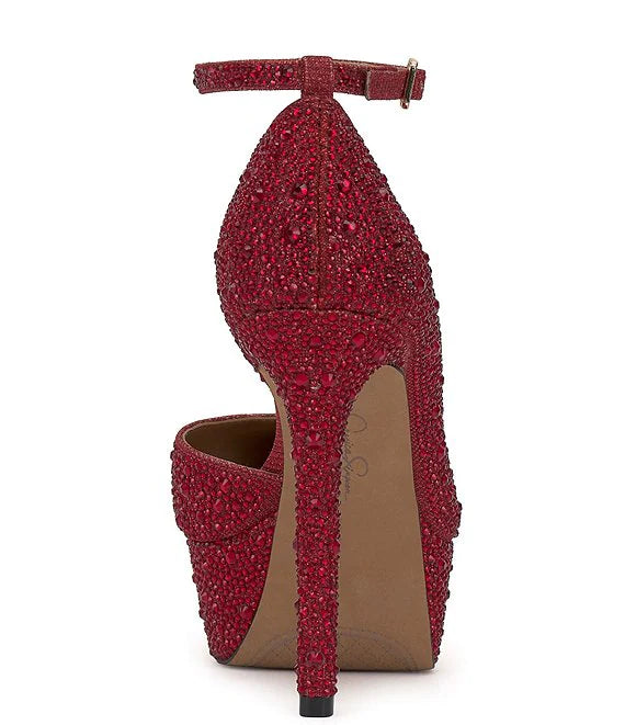 JESSICA SIMPSON RED EMBELLISHED D'ORSAY PLATFORM HEELS
