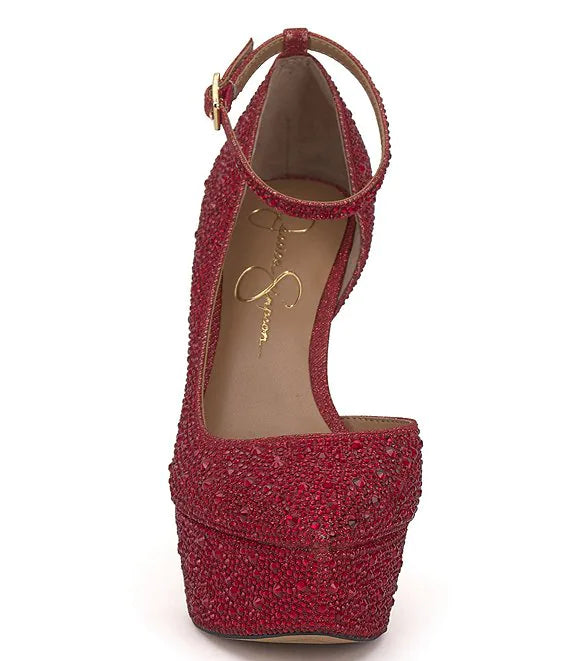 JESSICA SIMPSON RED EMBELLISHED D'ORSAY PLATFORM HEELS