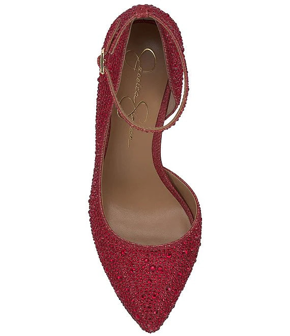 JESSICA SIMPSON RED EMBELLISHED D'ORSAY PLATFORM HEELS