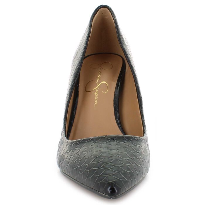 JESSICA SIMPSON TEXTURED PATENT LEATHER BLOCK HEEL PUMP IN BLACK