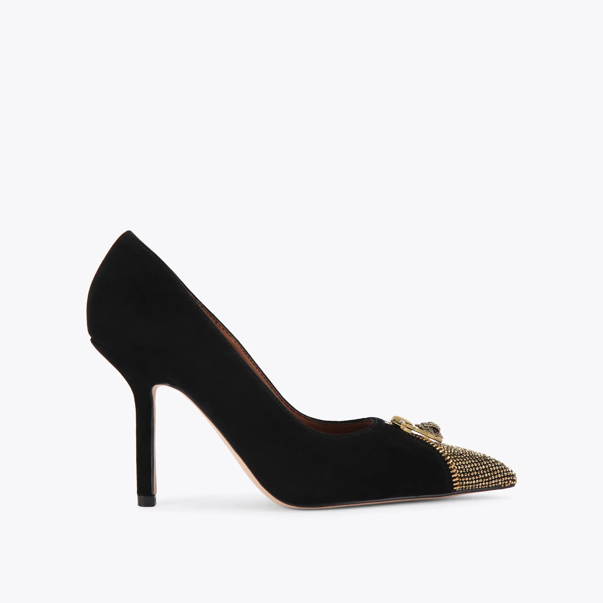 Kurt Geiger Velvet Zip Court Heel With Gold Toe in Black