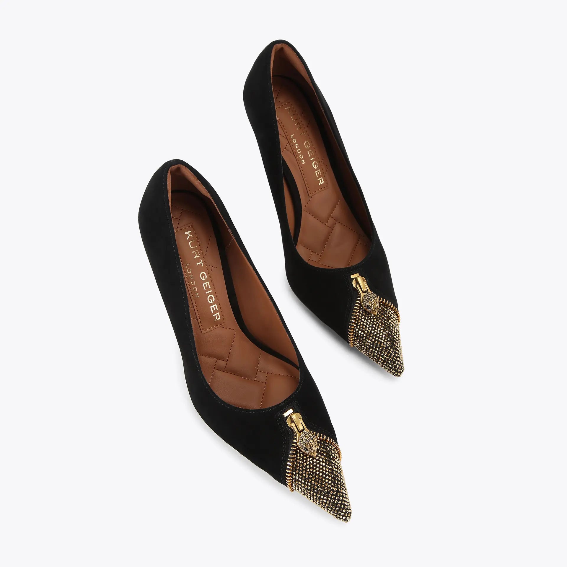 Kurt Geiger Velvet Zip Court Heel With Gold Toe in Black