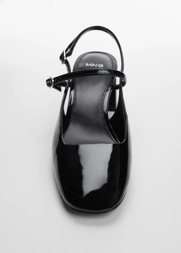 MANGO BLACK PATENT ALMOND TOE BLOCK HEELS