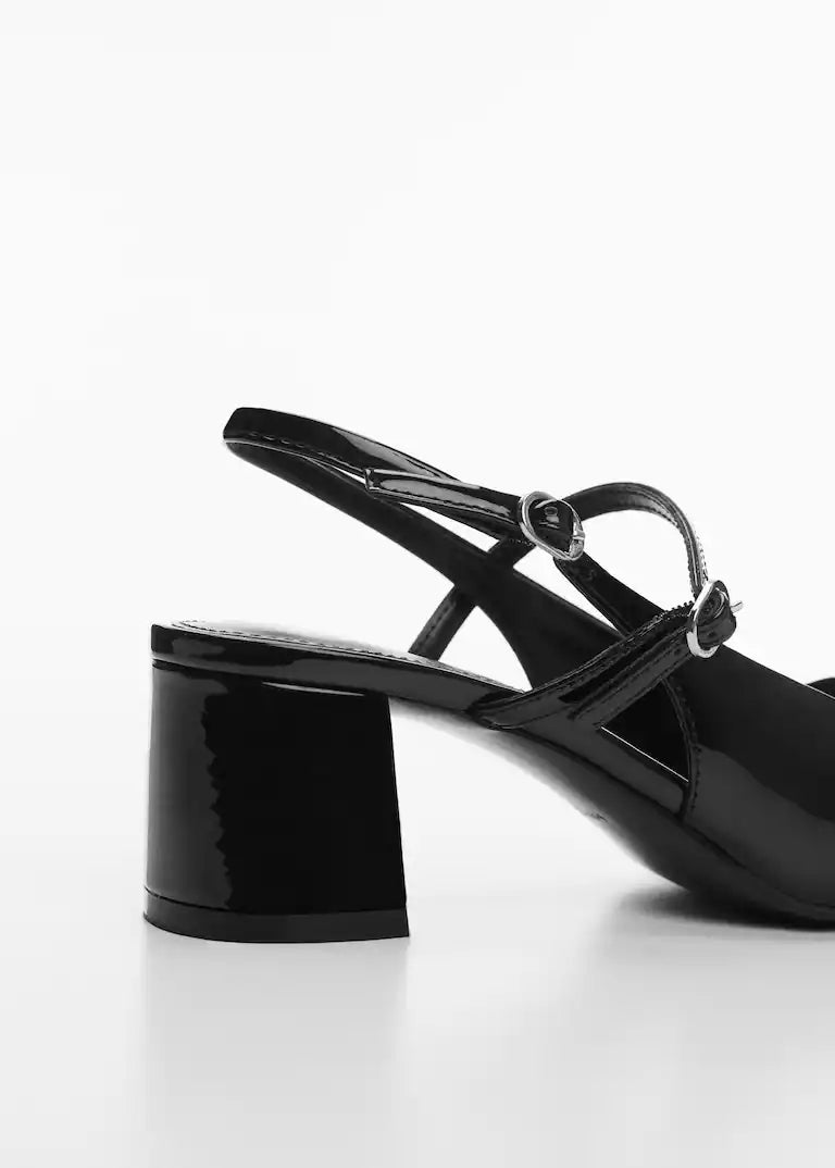 MANGO BLACK PATENT ALMOND TOE BLOCK HEELS