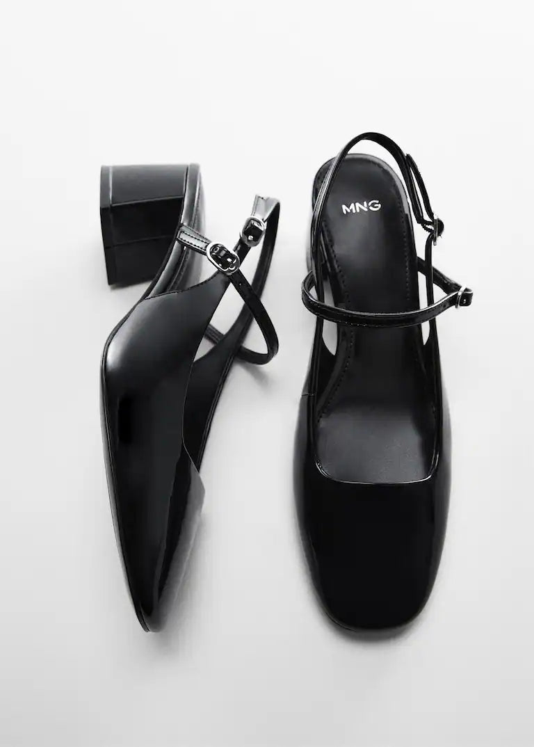 MANGO BLACK PATENT ALMOND TOE BLOCK HEELS