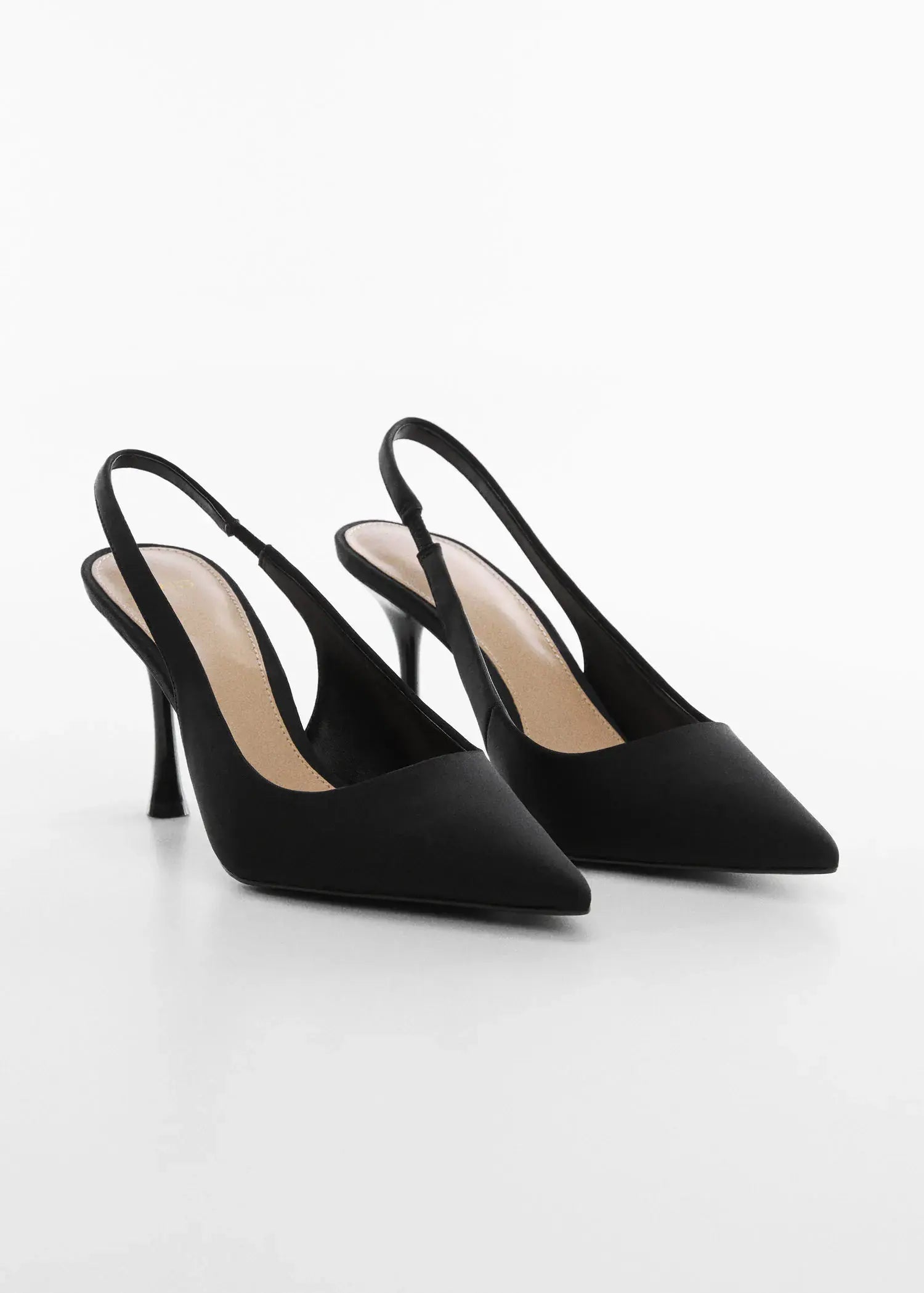 MANGO BLACK SATIN POINTED TOE SLINGBACK HEELS