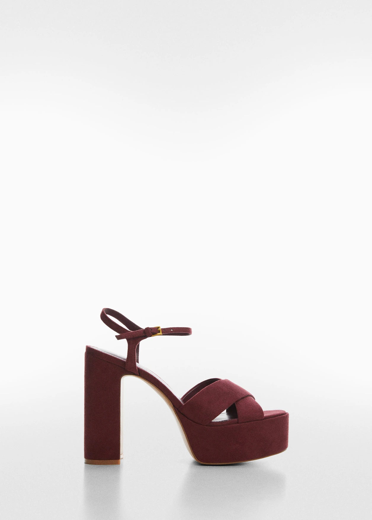 MANGO BURGUNDY CROSS STRAP BLOCK HEEL SANDAL