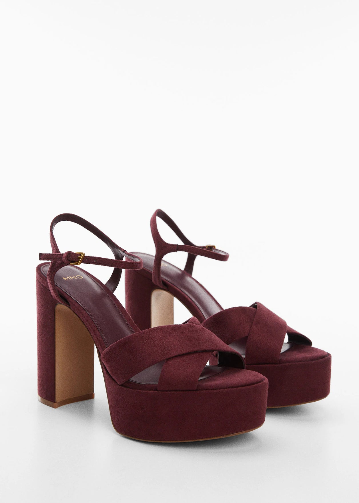 MANGO BURGUNDY CROSS STRAP BLOCK HEEL SANDAL