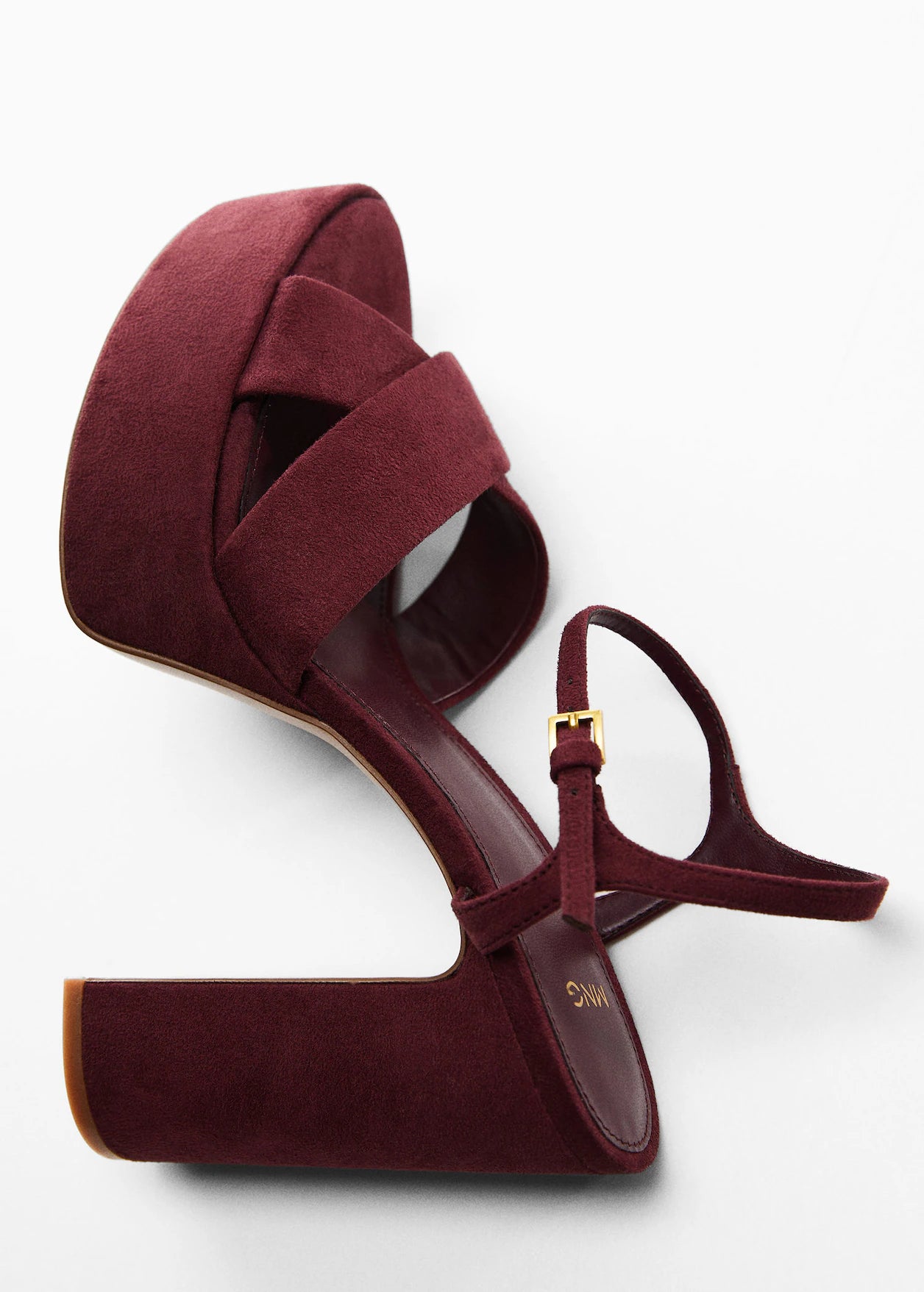 MANGO BURGUNDY CROSS STRAP BLOCK HEEL SANDAL