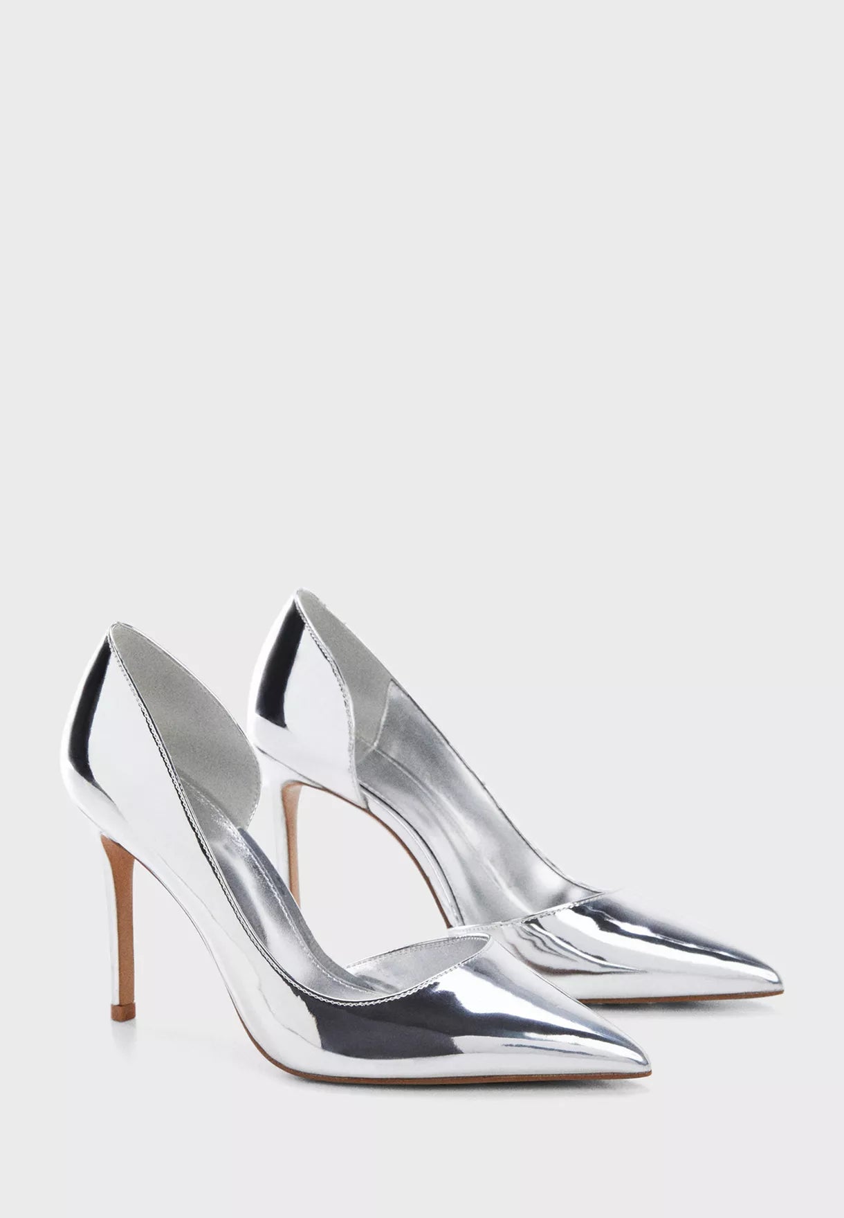 MANGO METALLIC SILVER ASYMMETRIC POINTED TOE HEELS