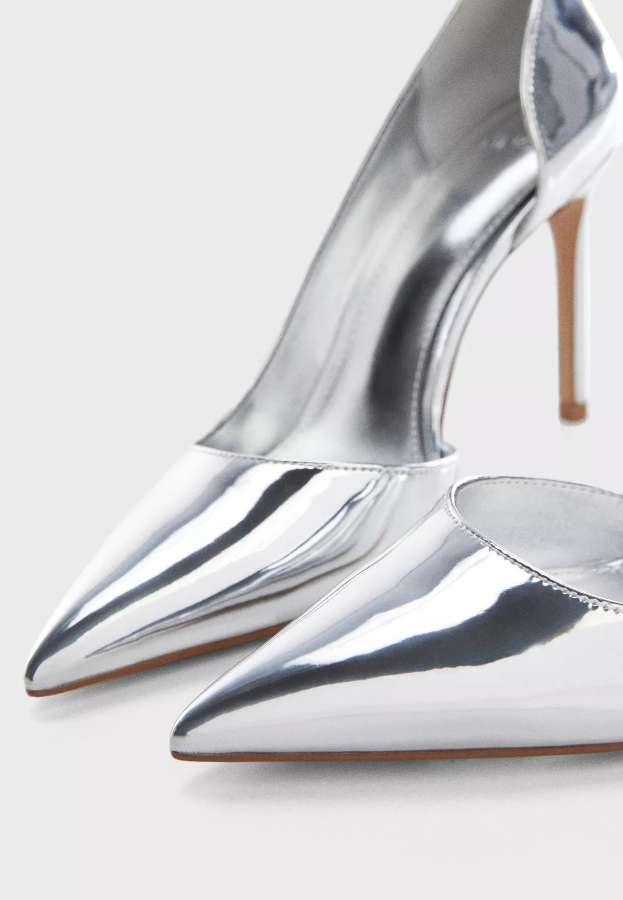 MANGO METALLIC SILVER ASYMMETRIC POINTED TOE HEELS