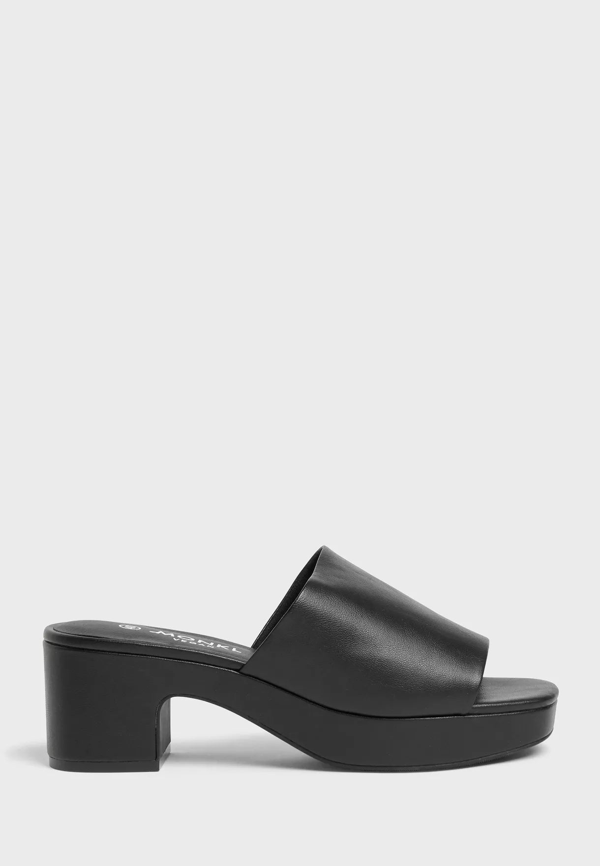 MONKI BLACK LEATHER LOW BLOCK HEEL MULE