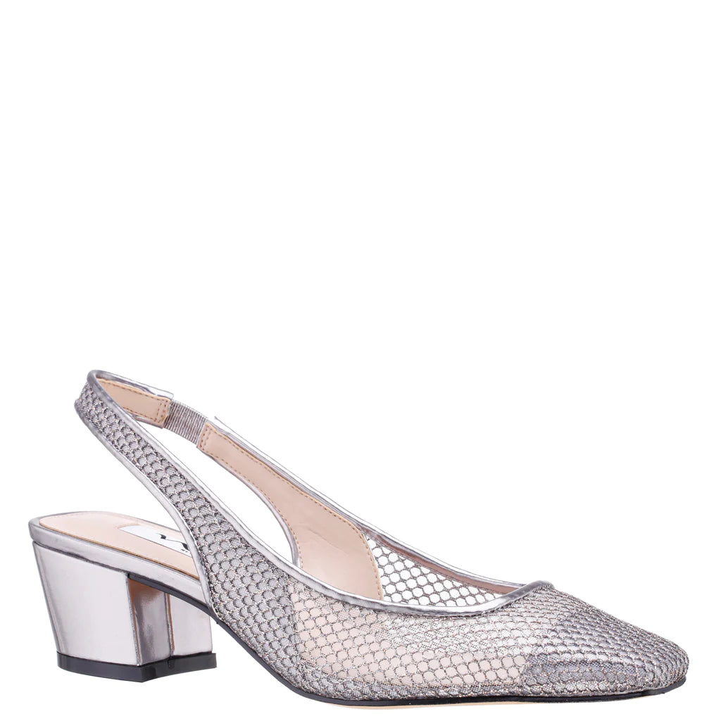 NINA PEWTER MESH SQUARE TOE BLOCK HEEL SLINGBACK