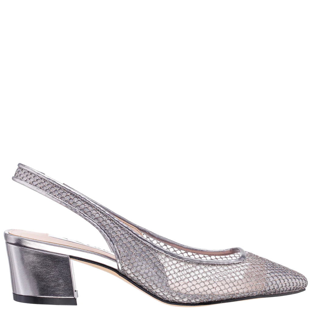 NINA PEWTER MESH SQUARE TOE BLOCK HEEL SLINGBACK