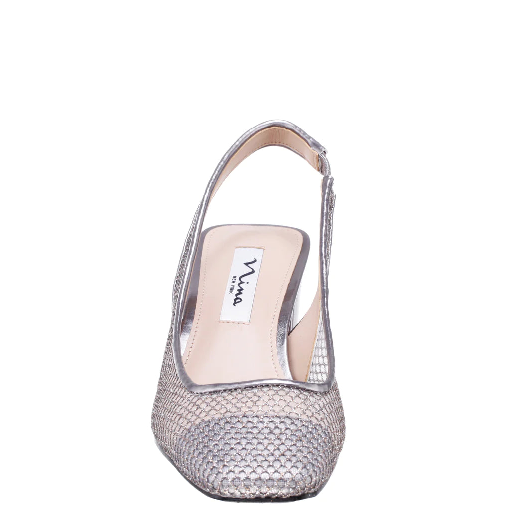 NINA PEWTER MESH SQUARE TOE BLOCK HEEL SLINGBACK