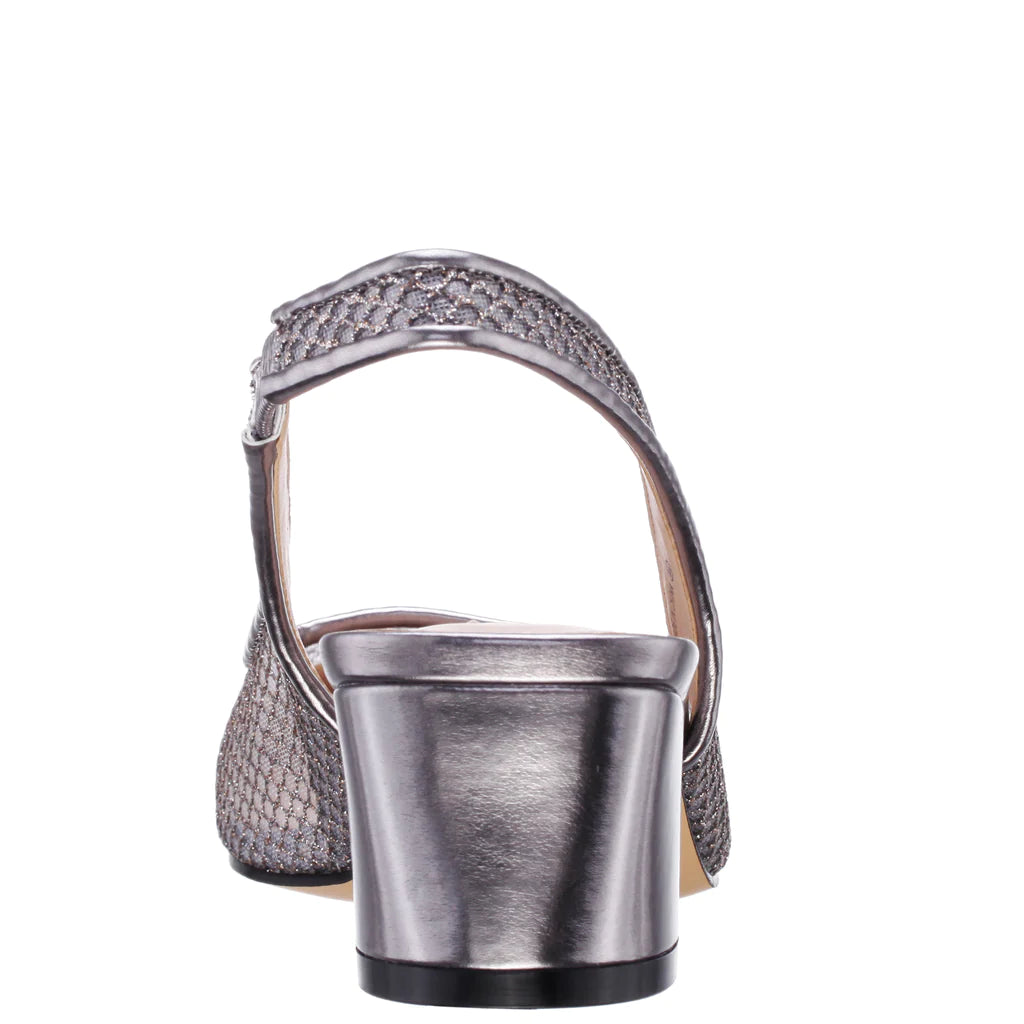 NINA PEWTER MESH SQUARE TOE BLOCK HEEL SLINGBACK