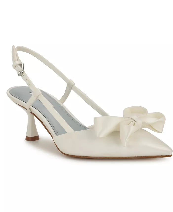 Nine West Bow-Detail Leather Pointed Slingbacks in Satin Ivory