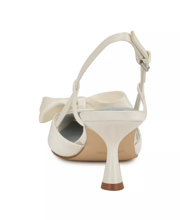 Nine West Bow-Detail Leather Pointed Slingbacks in Satin Ivory
