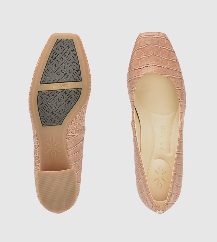 Nine West Faux Croc Leather Block Heel Pump in Brown