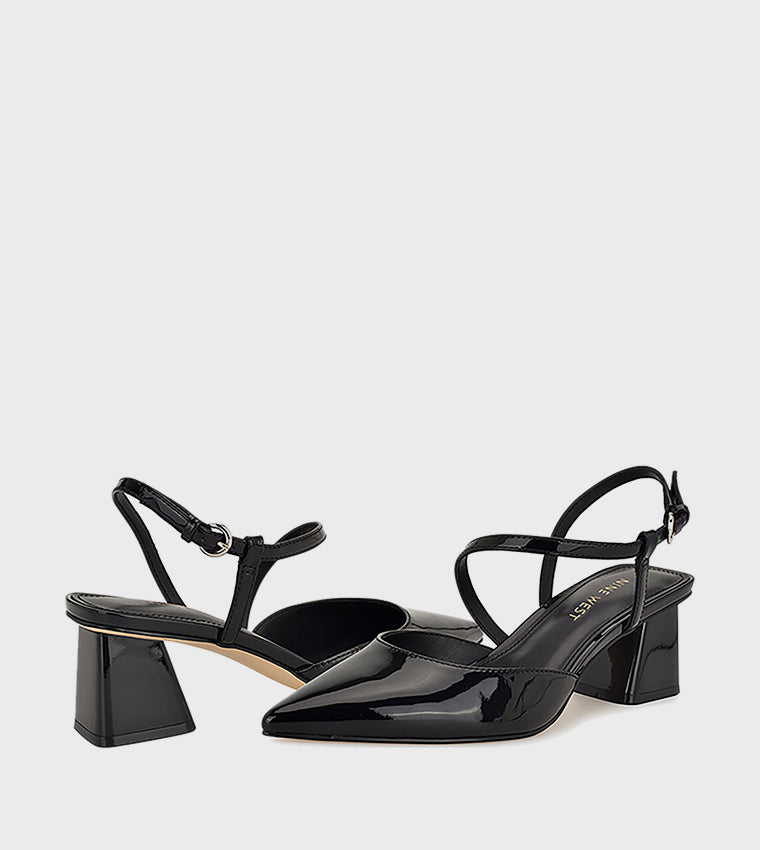 Nine West Patent Leather Pointed Toe Slingback Block Heel in Black