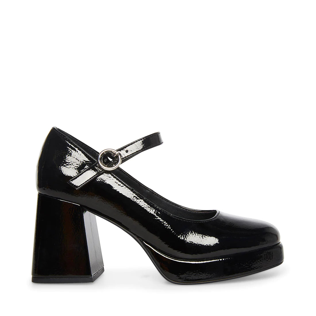 STEVE MADDEN BLACK CRINKLE PATENT LEATHER MARYJANES