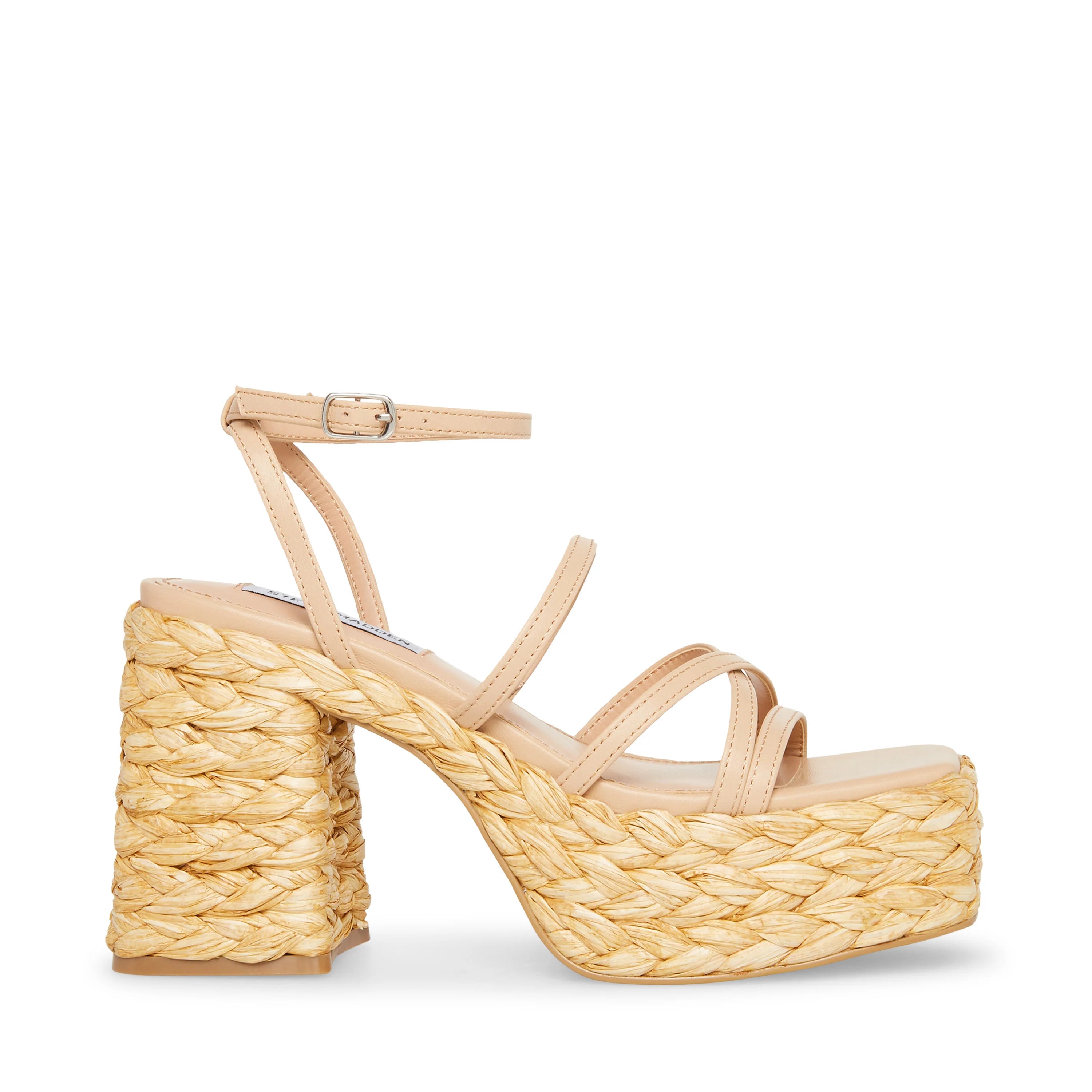 STEVE MADDEN NUDE FAUX RAFFIA PLATFORM BLOCK HEEL SANDAL