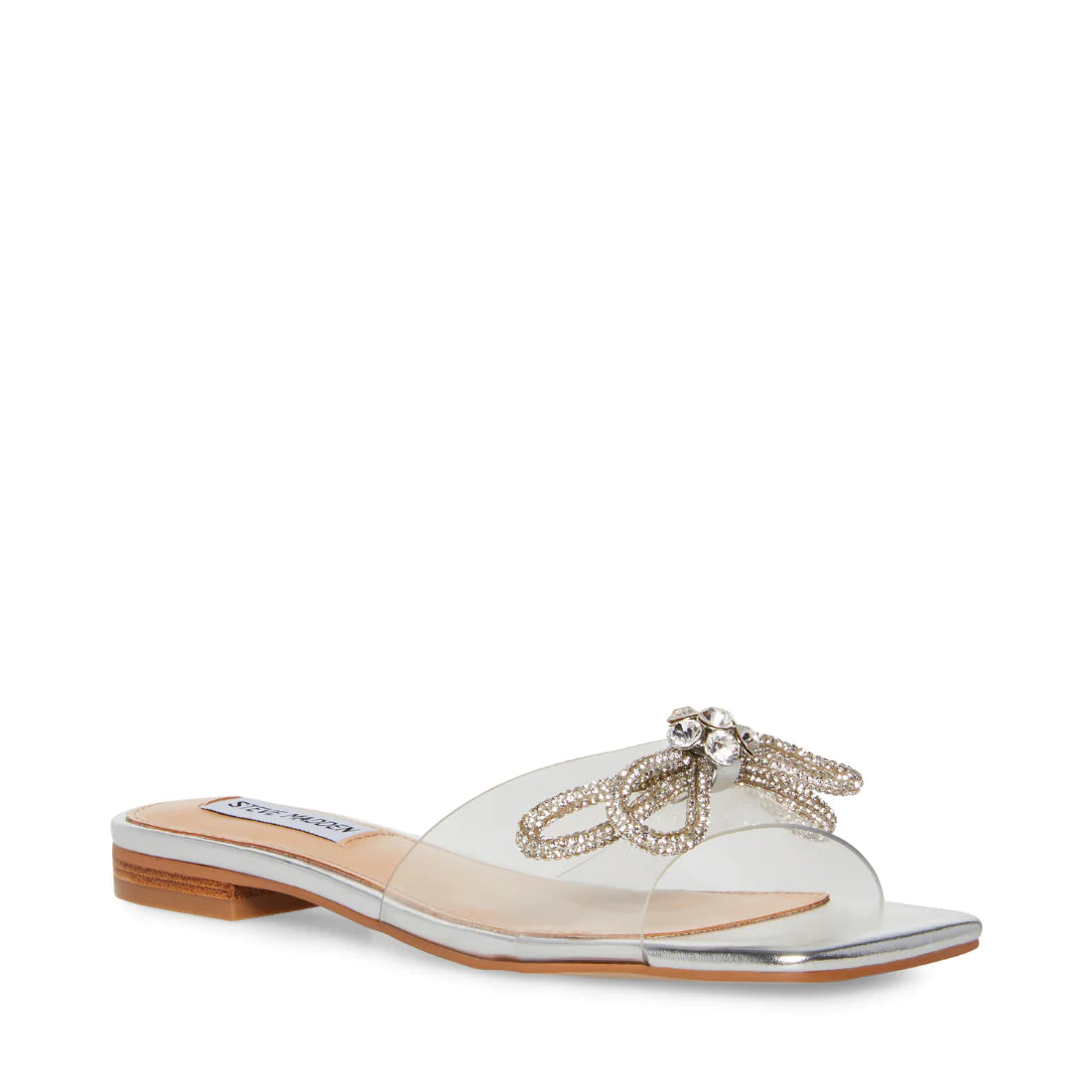 STEVE MADDEN SILVER VINYL STRAP BOW DETAIL SLIDE