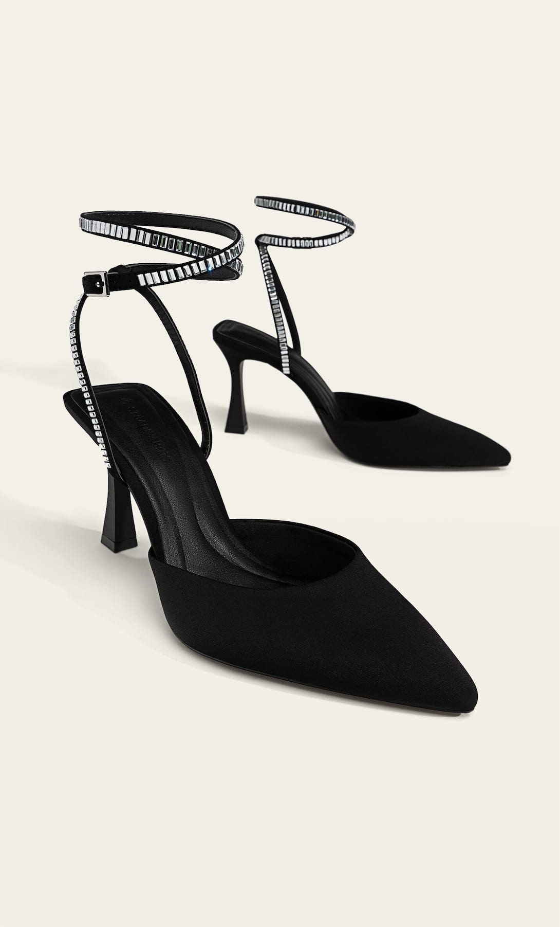 STRADIVARIUS BLACK HEELED ANKLE STRAP SHOES WITH RHINESTONES