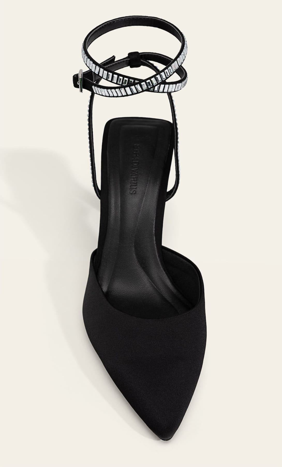 STRADIVARIUS BLACK HEELED ANKLE STRAP SHOES WITH RHINESTONES