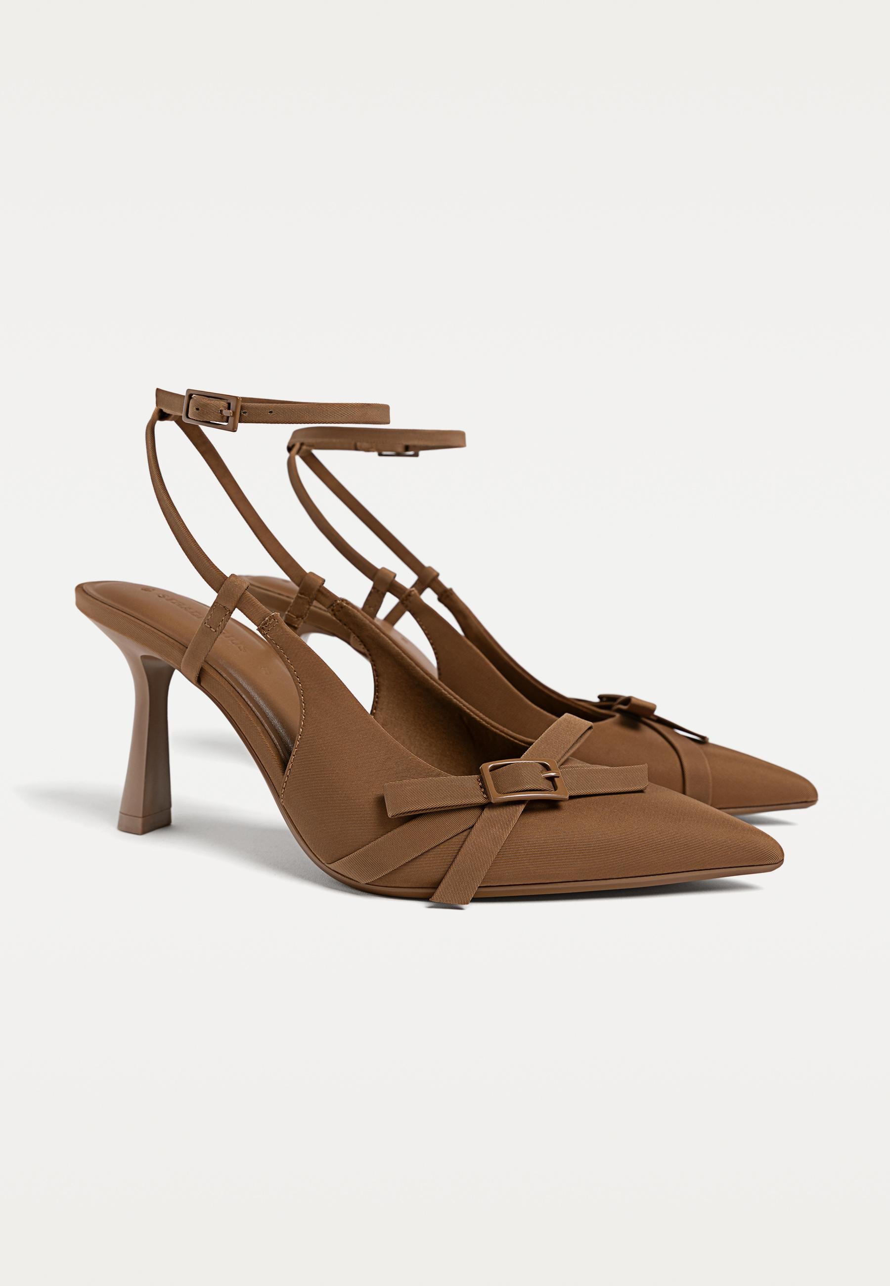 Stradivarius Ankle Strap Pointed Toe Pump in Coffee