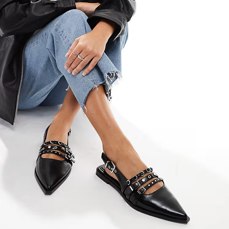 Stradivarius Buckle Detail Slingback Flats in Black
