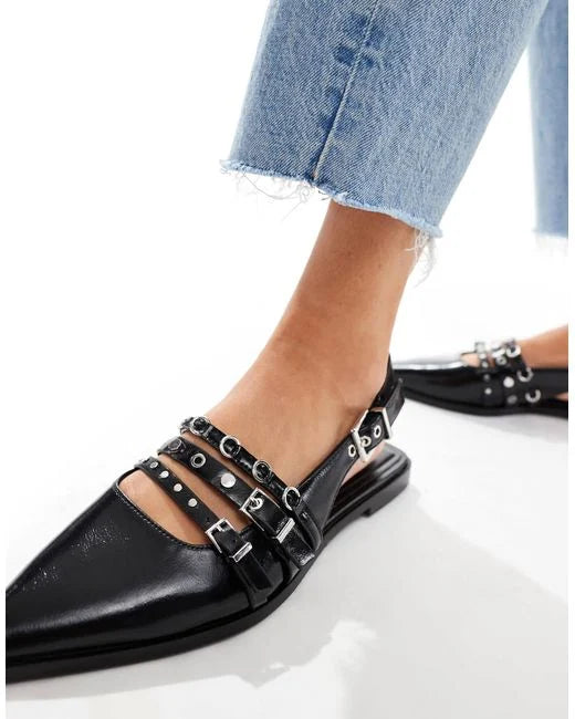 Stradivarius Buckle Detail Slingback Flats in Black