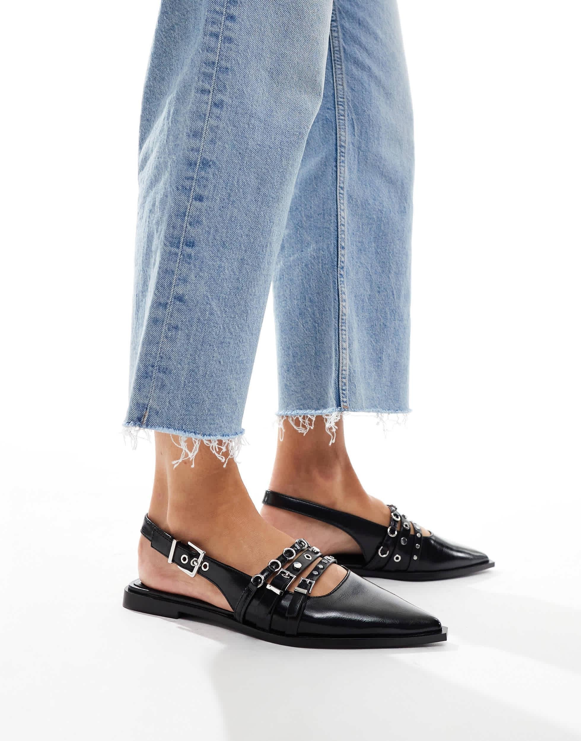 Stradivarius Buckle Detail Slingback Flats in Black
